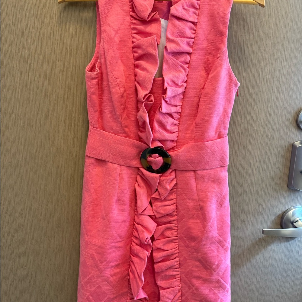 Milly New York Pink Ruffle Front Belted Sheath Dress - Size 2
